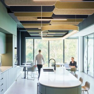 Acoustic ceiling baffles featured in this office pantry design